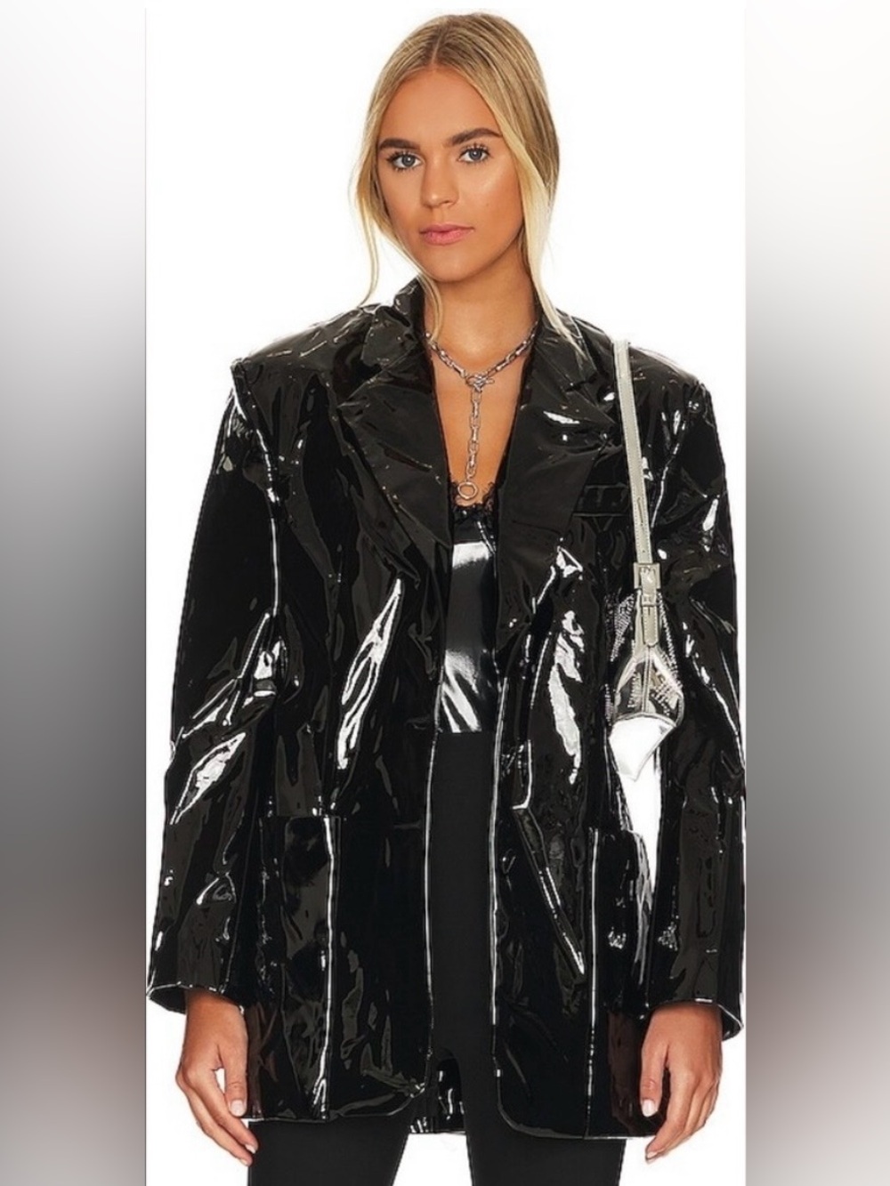 AFRM Agnes Oversized Vinyl/Patent Leather Blazer, Noir, Size S (fits most M)